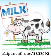 Poster, Art Print Of Happy Dairy Cow Eating A Daisy Flower By A Milk Sign