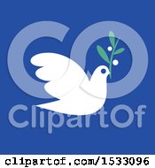 Poster, Art Print Of White Peace Dove With An Olive Branch On A Blue Background
