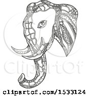 Clipart Of A Zentangle Bull African Elephant Black And White Royalty Free Vector Illustration