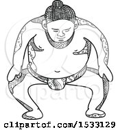 Clipart Of A Zentangle Sumo Wrestler Stomping Black And White Royalty Free Vector Illustration