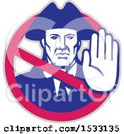 Clipart Of A Retro American Patriot Gesturing Stop Inside A Prohibited Symbol Royalty Free Vector Illustration