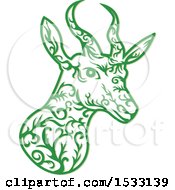 Poster, Art Print Of Springbok Antelope Head In Green With Vine Style