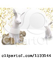 Poster, Art Print Of 3d Easter Eggs And Rabbits With Streamers On A White Background