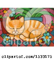 Clipart Of A Painting Of A Ginger Cat Resting By Potted Plants Royalty Free Illustration