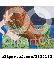 Clipart Of A Painting Of A Rear View Of A Mermaid Viewing The Ocean At Night Royalty Free Illustration