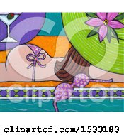 Clipart Of A Painting Of A Woman Sun Bathing Topless By A Pool Royalty Free Illustration