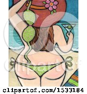 Poster, Art Print Of Painting Of A Woman Holding A Martini And Going Topless On A Beach