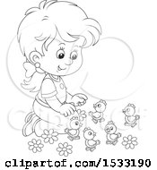 Poster, Art Print Of Black And White Little Girl Kneeling And Playing With Spring Chicks