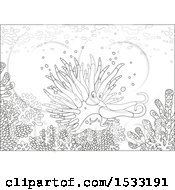 Clipart Of A Black And White Nudibranch Sea Slug On A Coral Reef Royalty Free Vector Illustration by Alex Bannykh