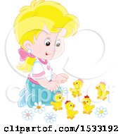 Poster, Art Print Of Blond White Girl Kneeling And Playing With Spring Chicks