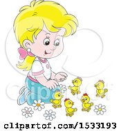 Poster, Art Print Of Blond Caucasian Girl Kneeling And Playing With Spring Chicks