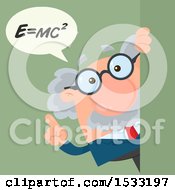 Poster, Art Print Of Male Science Professor Discussing Mass Energy Equivalence  Looking Around A Sign Or Corner On Green