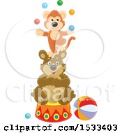 Poster, Art Print Of Monkey Juggling Balls On Top Of A Circus Bear