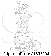Poster, Art Print Of Black And White Monkey Juggling Balls On Top Of A Bear