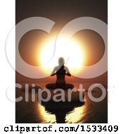 Poster, Art Print Of 3d Silhouetted Woman Meditating In A Yoga Pose On A Rock Against An Ocean Sunset