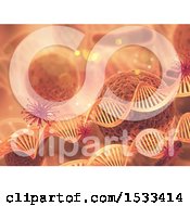 Clipart Of A 3d Orange Dna Strand And Virus Cells Background Royalty Free Illustration