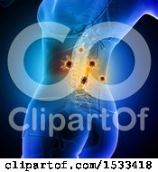 Clipart Of A 3d Xray Woman With Visible Virus Cells Along Her Spine Royalty Free Illustration