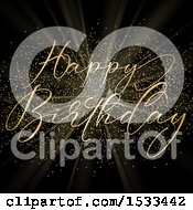 Poster, Art Print Of Happy Birthday Greeting With Gold Glitter And Rays On Black