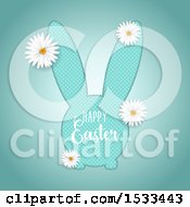 Poster, Art Print Of Happy Easter Greeting On A Halftone Dot Bunny With Daisy Flowers On Blue