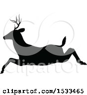 Clipart Of A Black Silhouetted Deer Stag Buck Leaping Royalty Free Vector Illustration
