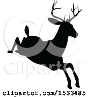Clipart Of A Black Silhouetted Deer Stag Buck Leaping Royalty Free Vector Illustration