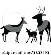 Clipart Of A Black Silhouetted Deer Buck Doe And Fawn Royalty Free Vector Illustration
