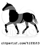 Clipart Of A Silhouetted Horse Trotting With A Reflection Or Shadow Royalty Free Vector Illustration
