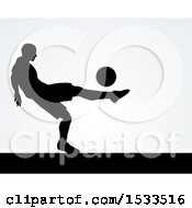 Clipart Of A Black Silhouetted Male Soccer Player Over Gray Royalty Free Vector Illustration