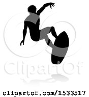 Clipart Of A Silhouetted Surfer In Action With A Reflection Or Shadow Royalty Free Vector Illustration