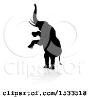 Clipart Of A Silhouetted Rearing Elephant With A Reflection Or Shadow Royalty Free Vector Illustration