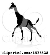 Clipart Of A Silhouetted Giraffe Running With A Reflection Or Shadow Royalty Free Vector Illustration