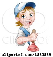 Clipart Of A Happy White Female Plumber Holding A Plunger Around A Sign Royalty Free Vector Illustration