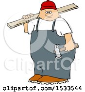 Clipart Of A White Male Carpenter Carrying A Wood Board Royalty Free Vector Illustration