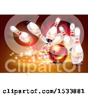 Clipart Of A Bowling Ball Crashing Into White Pins On A Red Background Royalty Free Vector Illustration