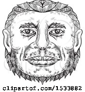 Clipart Of A Sketched Neanderthal Head In Black And White Royalty Free Vector Illustration
