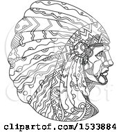 Poster, Art Print Of Native American Wearing A Headdress In Black And White Zentangle Design