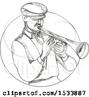 Poster, Art Print Of Jazz Musician Playing A Trumpet In A Circle In Black And White Zentangle Design
