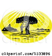 Clipart Of A Woodcut Styled Scene Of Adam And Eve By A Snake In An Apple Tree Under Sun Rays Royalty Free Vector Illustration by patrimonio