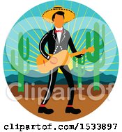 Poster, Art Print Of Mexican Mariachi Playing A Guitar In A Cricle With A Sunset Cactus And Mountains