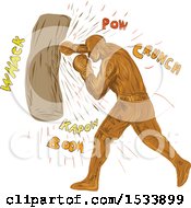 Clipart Of A Sketched Boxer Hitting A Punching Bag With Sound Words Royalty Free Vector Illustration by patrimonio