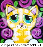 Poster, Art Print Of Painting Of A Yellow Tabby Kitty Cat With Purple Flowers