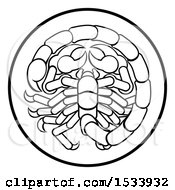 Clipart Of A Zodiac Horoscope Astrology Scorpio Circle Design In Black And White Royalty Free Vector Illustration by AtStockIllustration