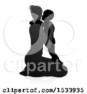 Poster, Art Print Of Silhouetted Mother Kneeling And Hugging Her Son With A Shadow On A White Background