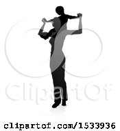 Poster, Art Print Of Silhouetted Mother Carrying Her Son On Her Shoulders With A Shadow On A White Background
