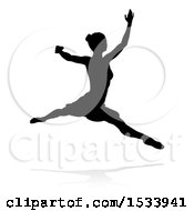 Poster, Art Print Of Silhouetted Ballerina Leaping With A Reflection Or Shadow On A White Background