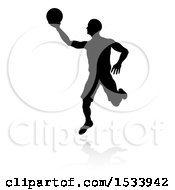 Clipart Of A Silhouetted Basketball Player With A Reflection Or Shadow On A White Background Royalty Free Vector Illustration by AtStockIllustration