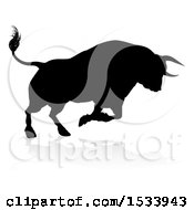 Clipart Of A Silhouetted Black Bull Charging With A Shadow On A White Background Royalty Free Vector Illustration