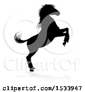 Clipart Of A Silhouetted Rearing Horse With A Shadow On A White Background Royalty Free Vector Illustration
