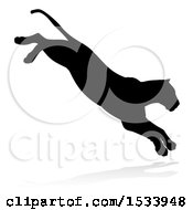 Poster, Art Print Of Silhouetted Lioness Pouncing With A Shadow On A White Background