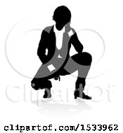 Clipart Of A Silhouetted Business Woman Crouching With A Shadow On A White Background Royalty Free Vector Illustration